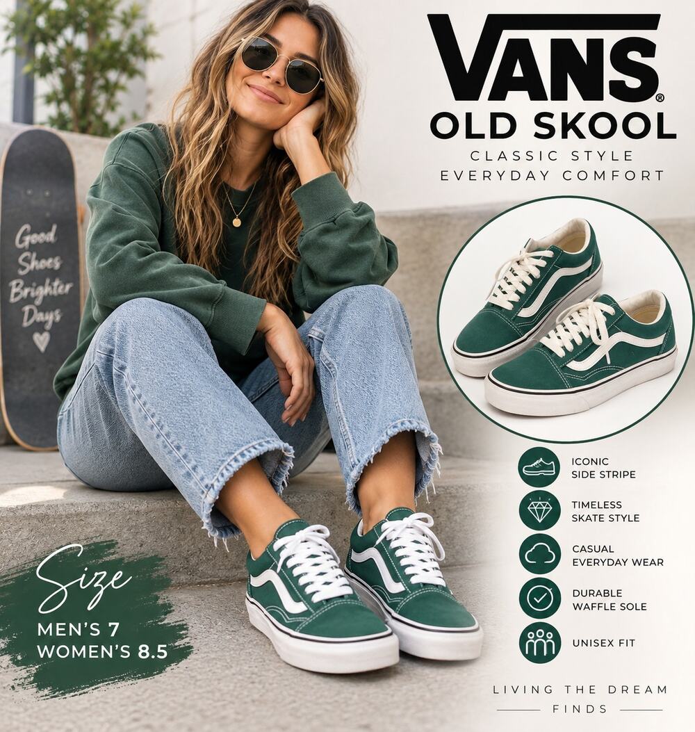 Vans Old Skool Green White Sneakers Men’s 7 Women’s 8.5 Low Top Skate Shoes